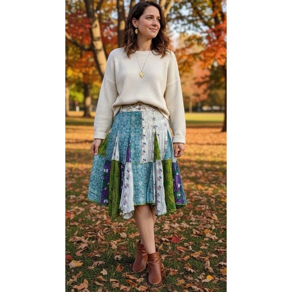 Women’s Boho Patchwork Skirt Hippie Gypsy Festival Flowy Peasant Fairycore Sz 13 - Picture 2 of 8